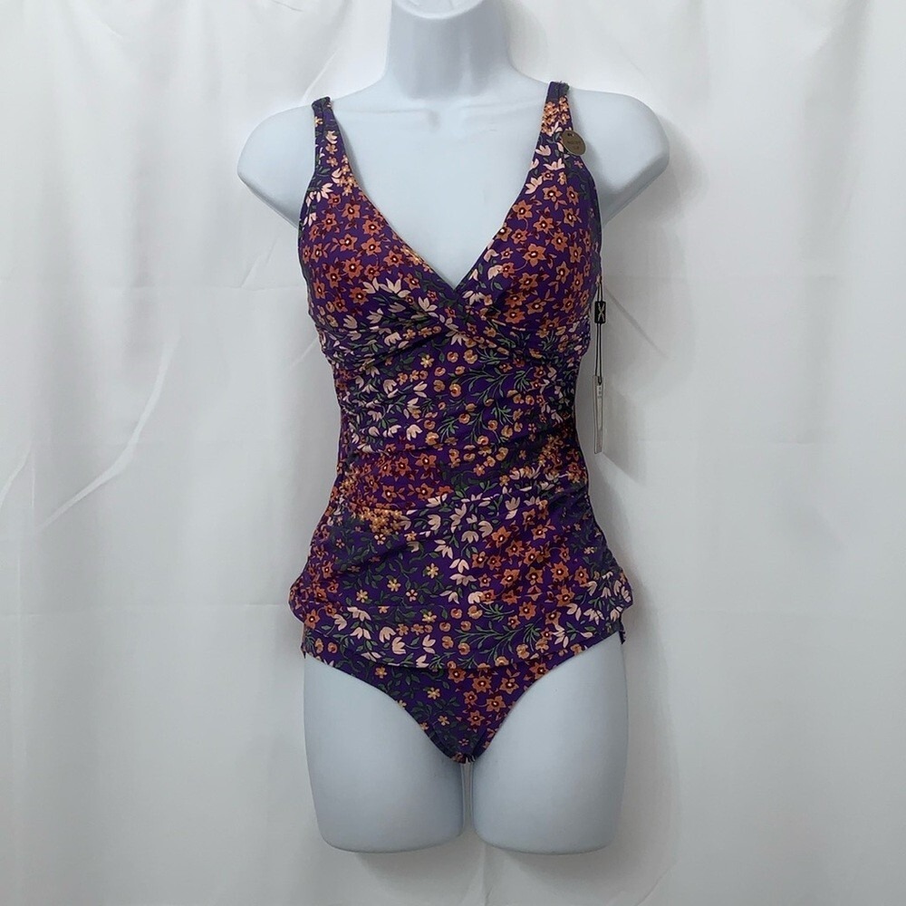 Nip Tuck Swim Purple Floral One‎ Piece Swimsuit V-Neck Ruched Tummy Control US 4